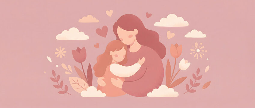 A mother tenderly embracing her daughter in a warm and affectionate illustration scene