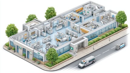 Obraz premium Detailed Cutaway Illustration of a Medical Building with Healing Infrastructure