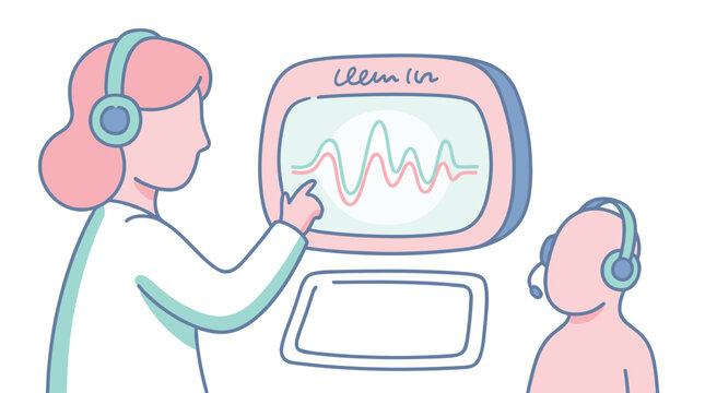 A female audiologist wearing headphones points to fluctuating brainwave patterns on a monitor for a patient during a detailed hearing test in a quiet clinic.
