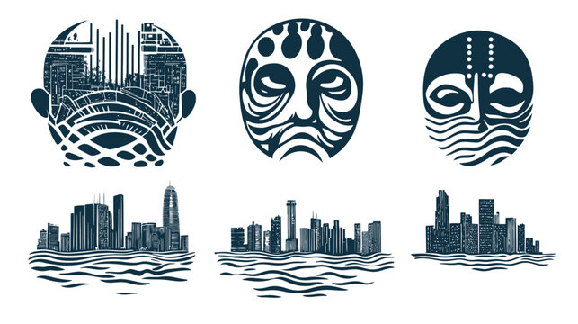 Stylized digital illustrations feature urban scenes and tribal mask designs in dark teal on white