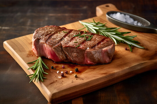 Grilled steak on wooden cutting board with rosemary and seasoning.