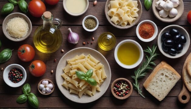 Italian pasta ingredients arranging around plate of penne