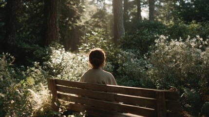 Fototapeta premium Person sitting on a wooden bench in a forest. the person is facing away from the camera, with their back towards the viewer. they are wearing a beige sweater and have their hair tied back in a bun.