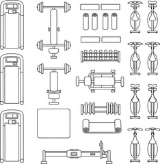 Gym Equipment Floor Plan Symbols Vector Set, Top View Fitness Center CAD Blocks, Minimalist Line Art Treadmills Weights Yoga Mats Bikes for Interior Design Layout and Space Planning © PrimePixel Co