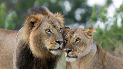 Naklejka premium Male and female lions nuzzling near leafy green vegetation