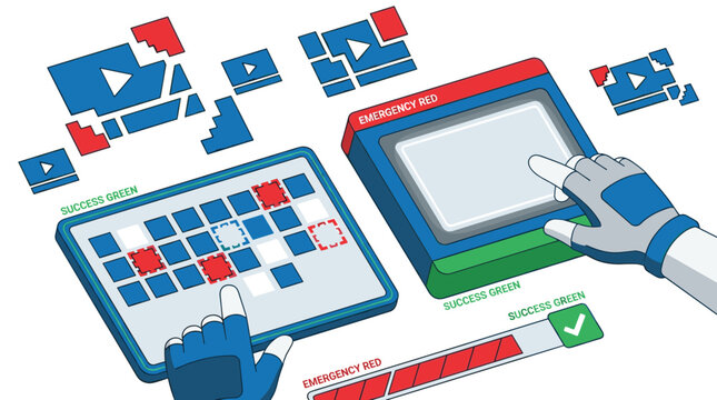 Gloved hands meticulously interact with a complex user interface on a tablet and a console, solving a puzzle with red and blue blocks under specific conditions.