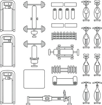 Gym Equipment Floor Plan Symbols Vector Set, Top View Fitness Center CAD Blocks, Minimalist Line Art Treadmills Weights Yoga Mats Bikes for Interior Design Layout and Space Planning
