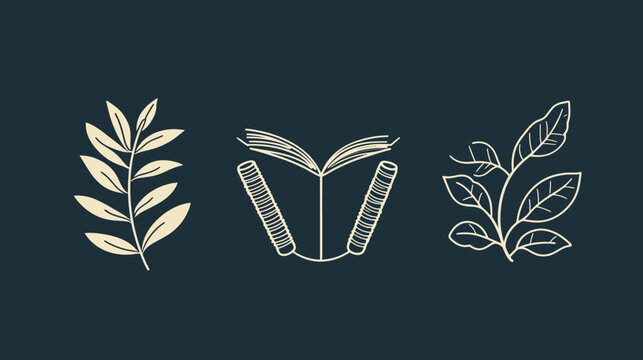 Minimalist botanical illustrations with leaves and an open book on a navy blue backdrop