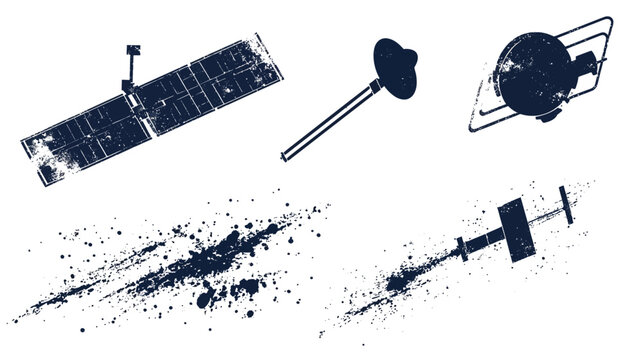 Stylized, distressed illustrations of orbital objects and abstract paint splatters on a white background