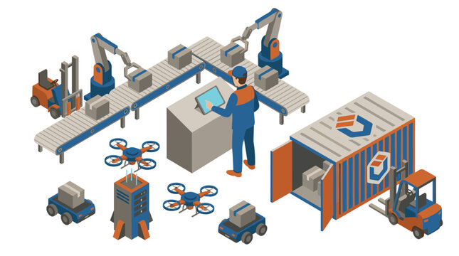 A factory supervisor uses a tablet to manage an automated warehouse with robotic arms, conveyor belts, drones, and autonomous vehicles for efficient logistics.