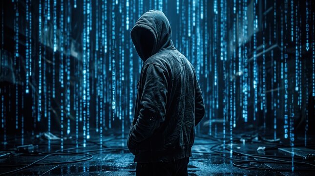 Anonymous hooded hacker standing in digital rain of blue binary code.