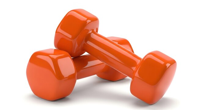 Two shiny orange dumbbells on a white background, ideal for fitness, workout, and exercise concepts, representing strength training and healthy lifestyle.