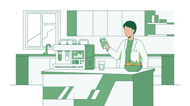 A scientist in a white lab coat uses a smartphone application to control a futuristic Vitamin-Formulator Unit in a pristine, modern green-toned laboratory.