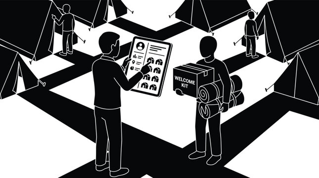 In a stark black and white isometric view, an aid worker uses a digital tablet to register a person carrying a welcome kit and bedrolls at a refugee camp.