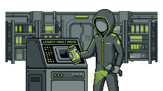 A mysterious hooded figure in a dark jumpsuit inserts a glowing green data canister into a legacy vault drive within a high-tech, pixelated server room.