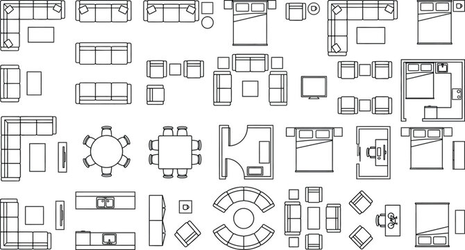 Architectural Floor Plan Furniture Symbols Vector Set, Top View 2D CAD Interior Design Blocks, Minimalist Line Art Layout with Sofas Beds Tables Kitchen Office Elements Grid Collection