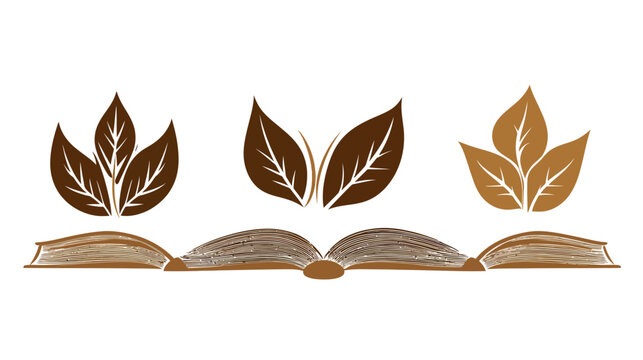 Illustration of a book open in the center and three sets of stylized leaves above