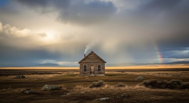 Wooden house landscape rainbow