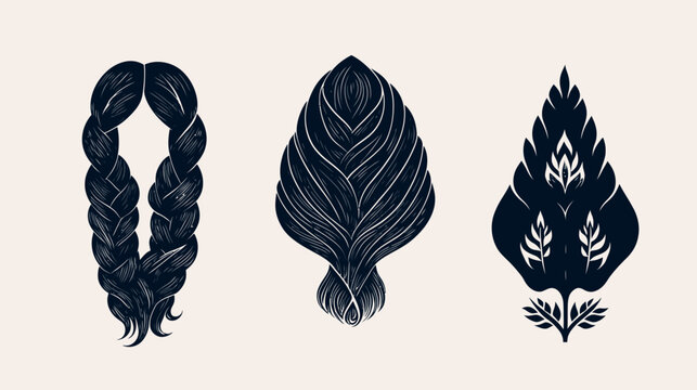Three stylized illustrations on beige background braided hair, abstract hair and floral silhouette