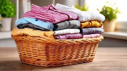 Obraz premium Freshly Ironed Uniforms in a Basket Near Sunlit Window