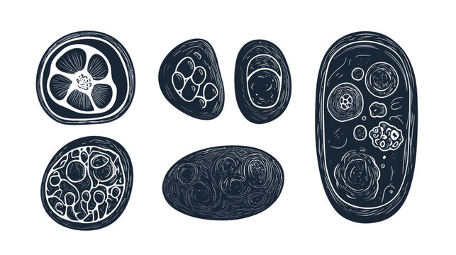 Stylized, linocut-style illustrations of various circular, oval, and organic shapes