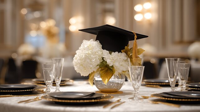 Luxury graduation banquet table decor with academic cap and white flowers.