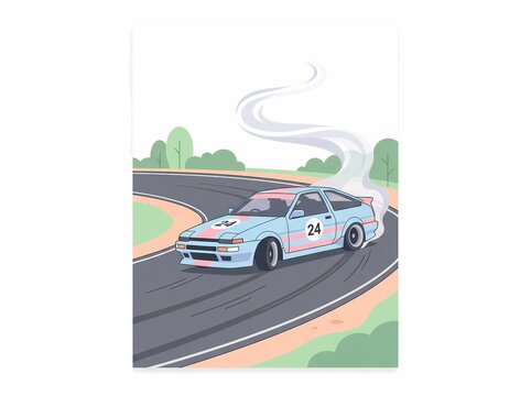 Stylized Illustration of a Sports Car Drifting on a Curved Racing Track with Tire Smoke