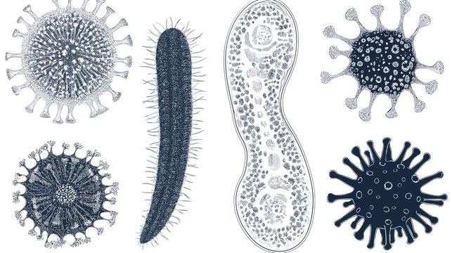 Artistic depiction of various microorganisms with detailed illustrations on white