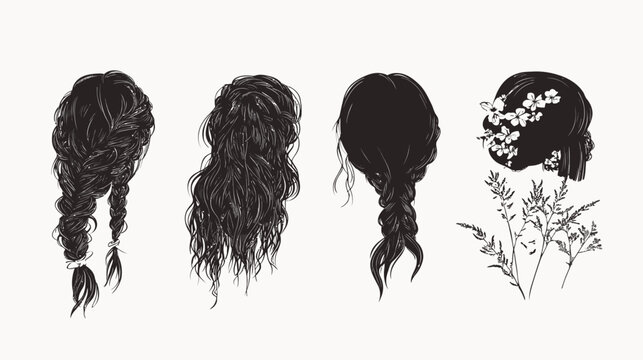 Four stylized black and white illustrations of women's hairstyles including braids and floral adornment