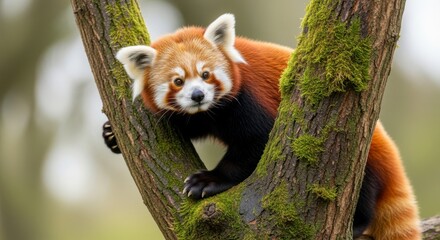 Obraz premium A red panda climbing a mossy tree in a natural forest environment