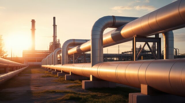 Industrial oil and gas pipeline infrastructure at sunset