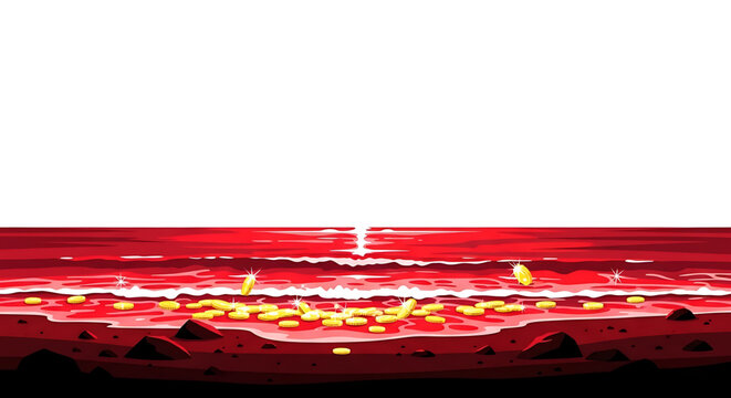 A vibrant red ocean landscape with yellow coins and a serene atmosphere