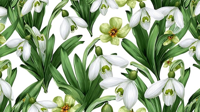 Seamless pattern of white snowdrop flowers and green leaves on a clean plain white background