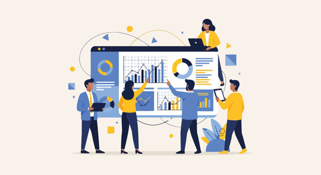 Illustration of diverse group of colleagues working together on a business project, analyzing data and charts displayed on a large monitor, isolated on