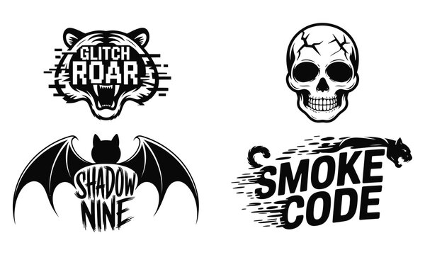 Vector graphics showcase retrofuturistic motifs in a 2x2 grid arrangement