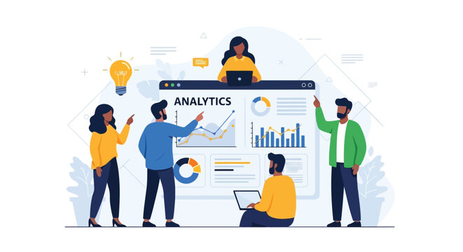 Illustration of diverse team of people collaborating around a large computer screen displaying analytics data and charts, isolated on