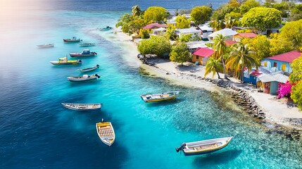 Obraz premium Aerial View of a Traditional Fishing Village with Colorful Boats and Shoreline