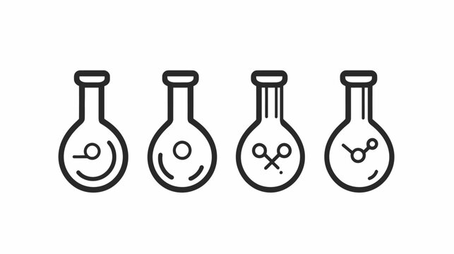 Four stylized lab flasks with different internal symbols, presented in a linear arrangement
