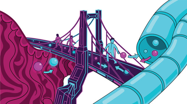 Abstract figures traverse a vibrant neon purple bridge while colorful spheres move through a parallel transparent pipeline, illustrating a futuristic data flow concept.