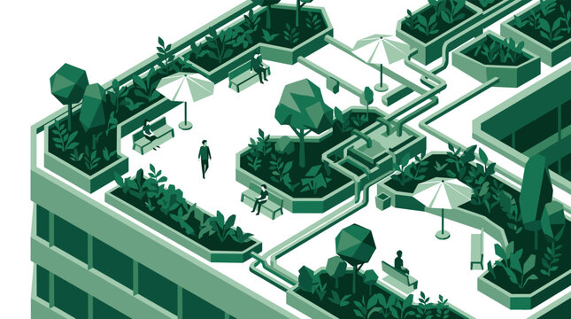 People relax and socialize in a lush green rooftop garden on a modern sustainable building, featuring trees, benches, and umbrellas in an isometric illustration.