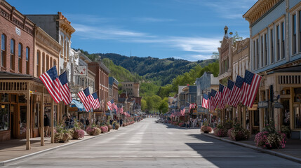 Fototapeta premium Wide establishing shot of a Memorial Day parade down a small-town main street, flags lining storefronts and crowds waving from sidewalks under clear blue May sky, ideal for patriotic tradition, comm