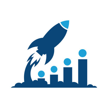 A stylized flat vector icon showing a rocket taking off from a series of ascending bar chart bars Vector