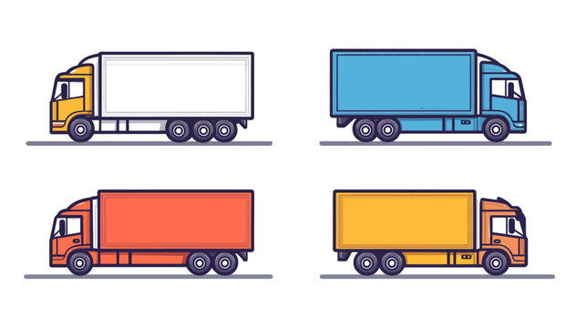 Four stylized transport trucks, each with a different color cab and cargo container