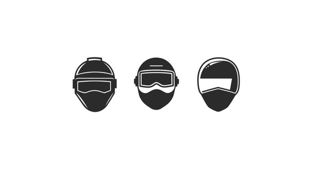 Three minimalist helmet icons arranged horizontally, featuring various styles with visors and protective gear