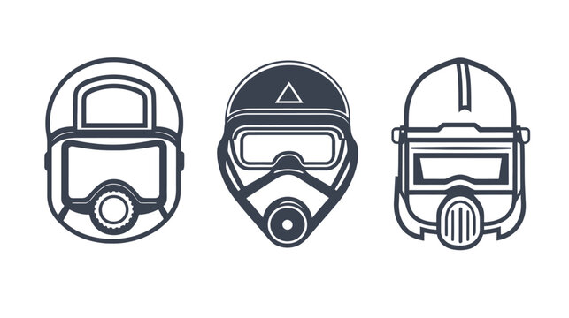 Three stylized, simplified drawings of protective helmets with visors, depicting different designs