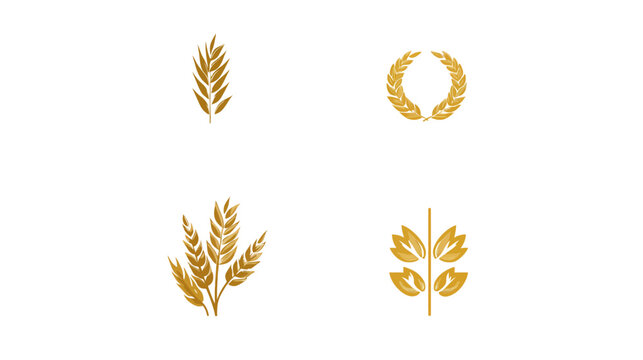 Four stylized illustrations of golden wheat sprigs and a laurel wreath against a white backdrop