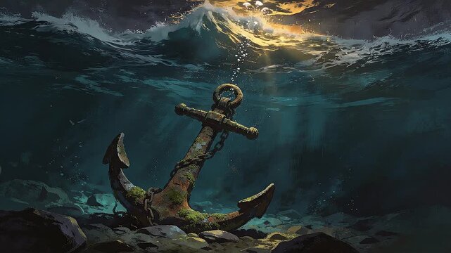 The sea rages around the anchor; the waves roll in and foam. Cinematic underwater animation. A looping animation in the style of vintage paintings. AI-generated animation