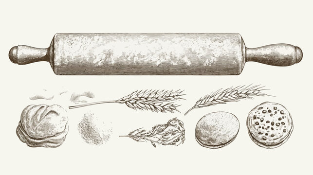 Artistic depiction of baking essentials rolling pin, dough, flour, wheat stalks, and bread
