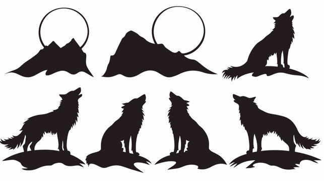 Silhouettes of wolves howling at the moon and mountains, rendered in solid black on white background
