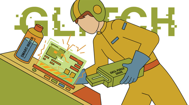 A retro-futuristic technician in a green helmet and yellow suit inserts a data-purge drive into a sparking, glitching computer console with a bottle of smart-water.